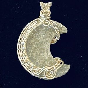 Raw Crystal Druzy Moon Pendant, Wire Wrapping in High Quality Silver Plated Wire